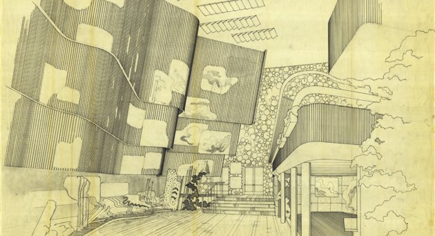 Alvar Aaltos skiss till den finska paviljongen på världsutställningen i New York 1939, byggd av plywood. 